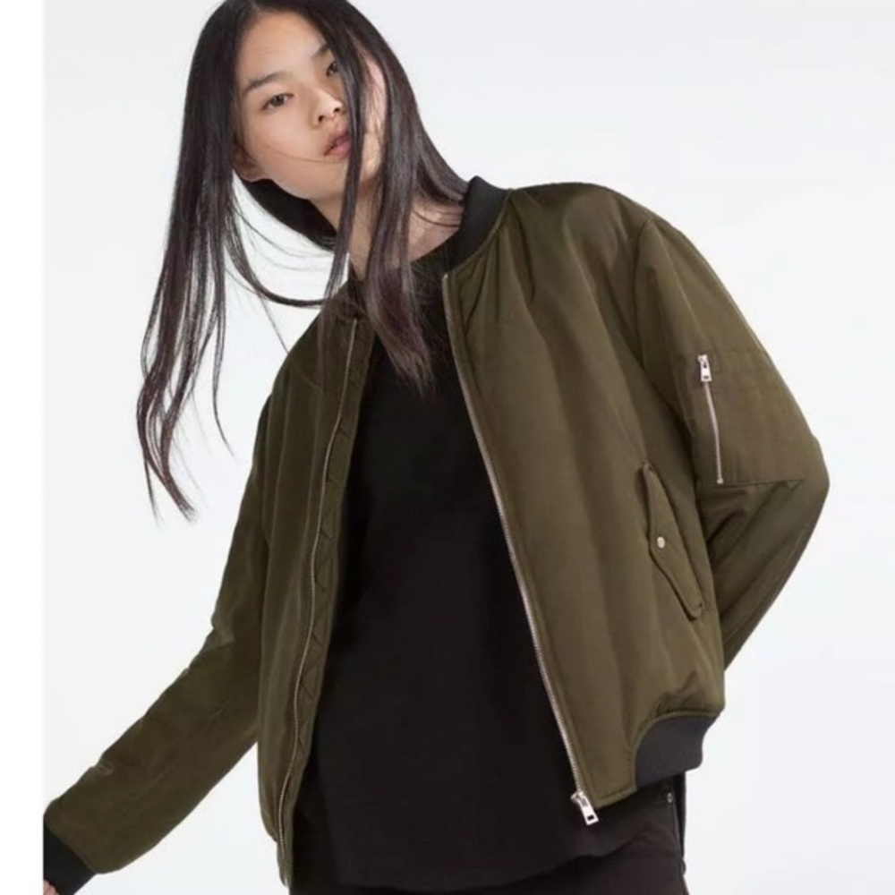 Zara Nylon Bomber Jacket Olive Green